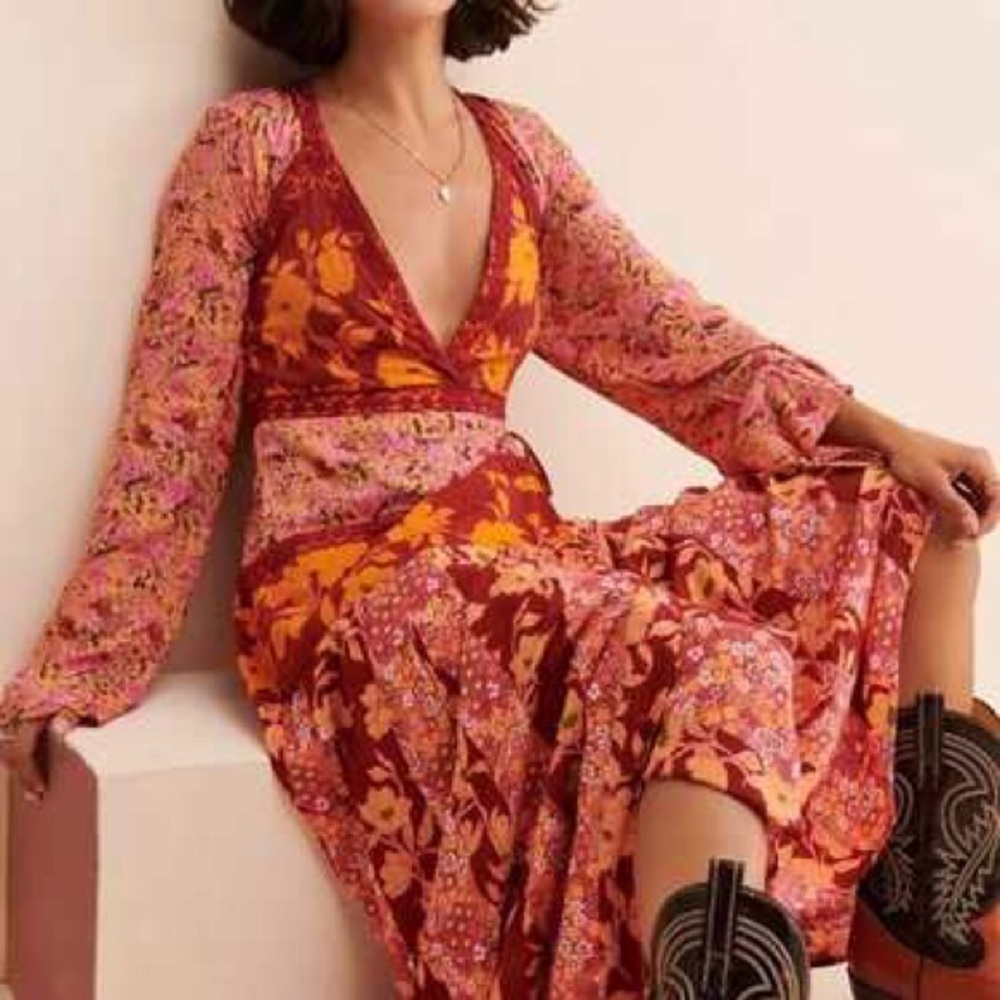 Free People Tilda Long Boho Bohemian Festival Maxi Wrap Dress Gown sz XS